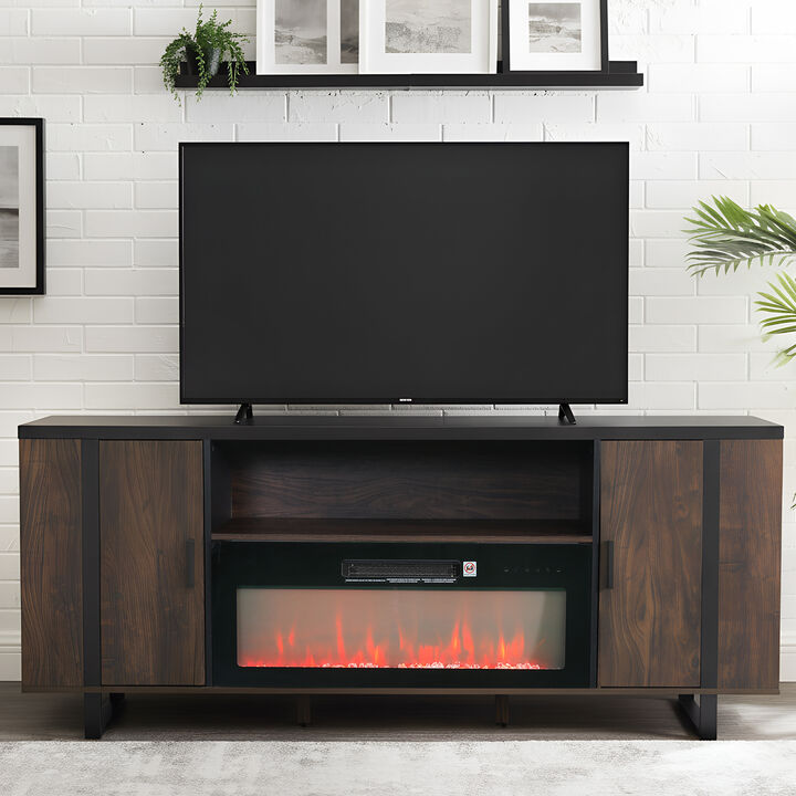 72" Modern Brown TV Stand with 36" Insert Electric Fireplace Heater,  Entertainment Center with Storage Cabinet for TV up to 75"