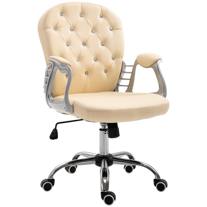Beige Vanity Armchair with Tufted Backrest and Swivel Roller Design for Stylish Office Seating