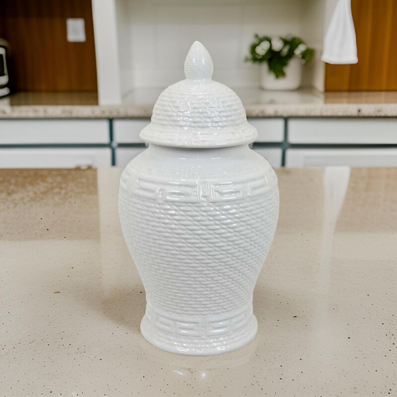 Bryan 18 Inch Ceramic Temple Jar, Geometric Print, Finial Top, White - Benzara