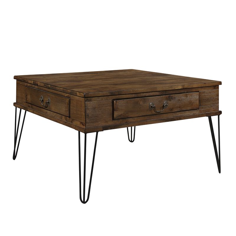 Itti 32 Inch Square Cocktail Coffee Table, 2 Drawers, Brown Wood, Black - Benzara