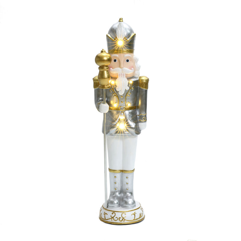 LuxenHome 2Ft Tall Traditional Nutcracker King in White with Lights