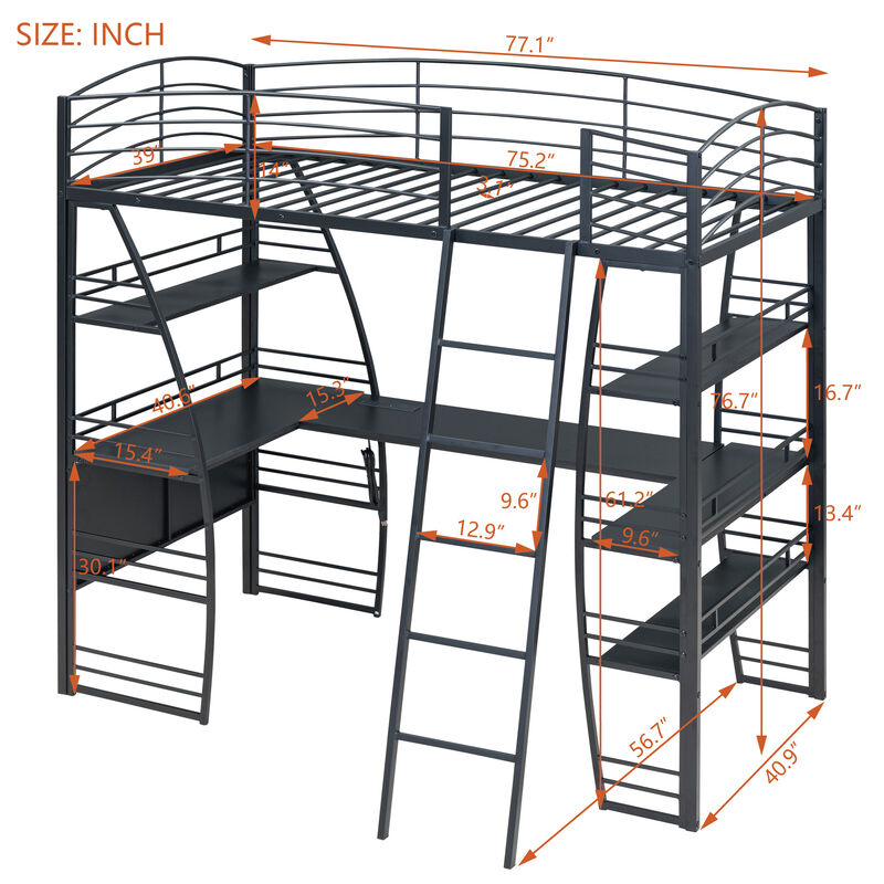 Merax Metal Frame Loft Bed with 4 Layers of Shelves