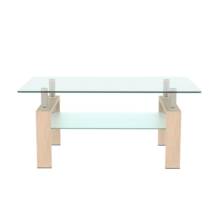 Hivvago Double Layer Living Room Glass Coffee Table with Metal Legs