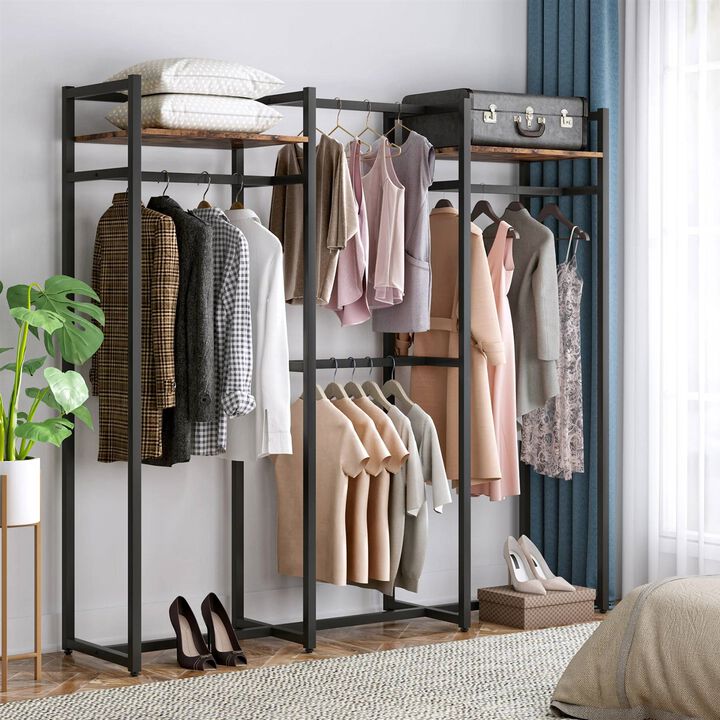Metal Garment Rack with 4 Clothes Hanging Rods and 2 Wood Storage Shelves