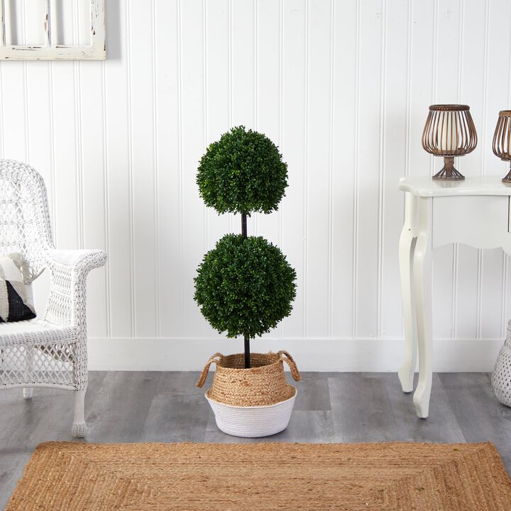 HomPlanti 3.5 Feet Boxwood Double Ball Artificial Topiary Tree in Boho Chic Handmade Cotton & Jute White Woven Planter UV Resistant (Indoor/Outdoor)
