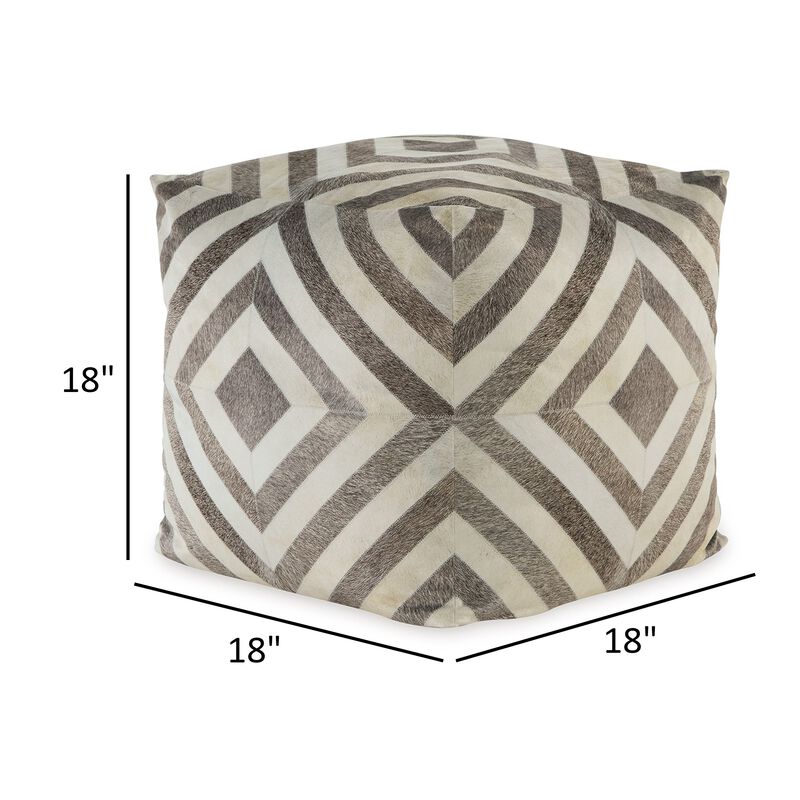 Ottoman Pouf, 18 Inch, Square, Brown and Ivory Polyester Geometric Design -