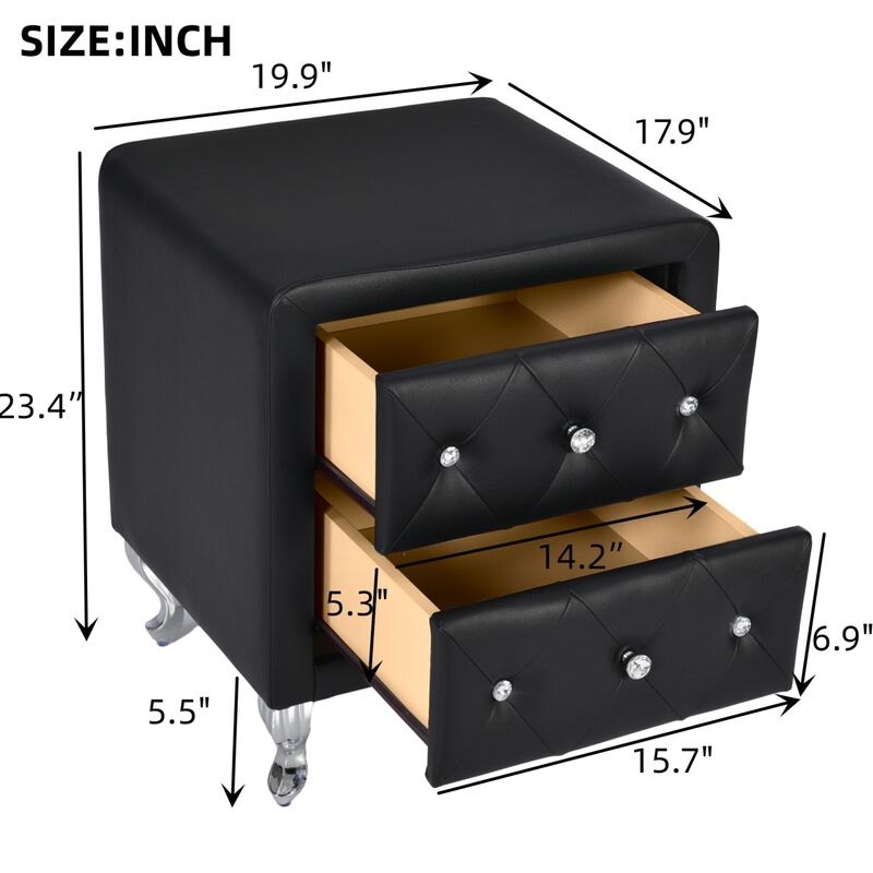 Elegant PU Nightstand - 2 Drawers, Crystal Handle