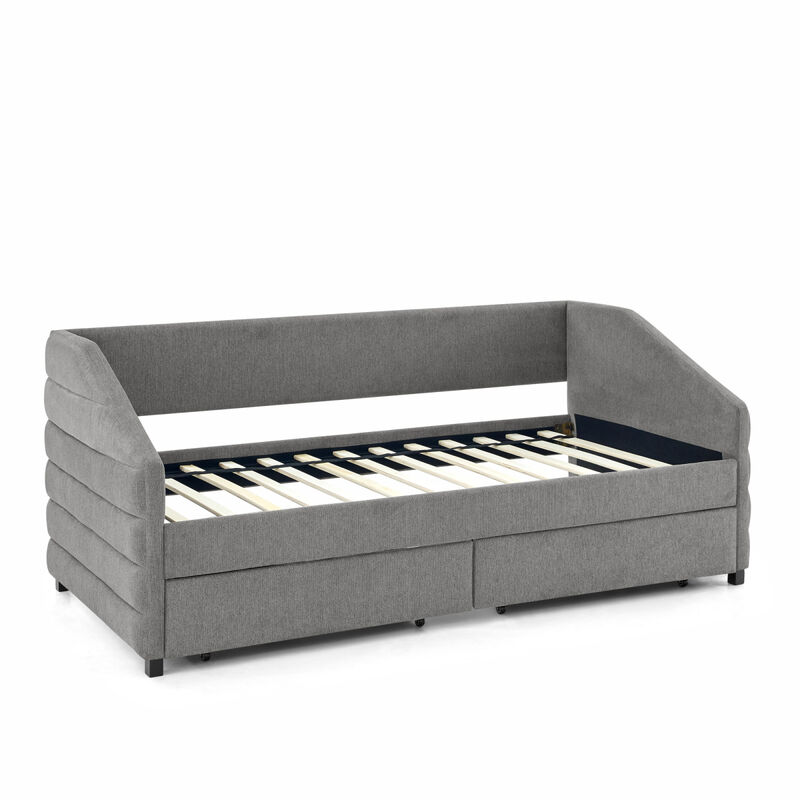 Twin Size Daybed with Two Drawers Trundle Upholstered Tufted Sofa Bed, Linen Fabric, Grey (82.5" x42.5" x34")