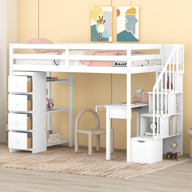 Twin size Loft Bed with Storage Drawers, Desk and Stairs, Wooden Loft Bed with Shelves - Gray