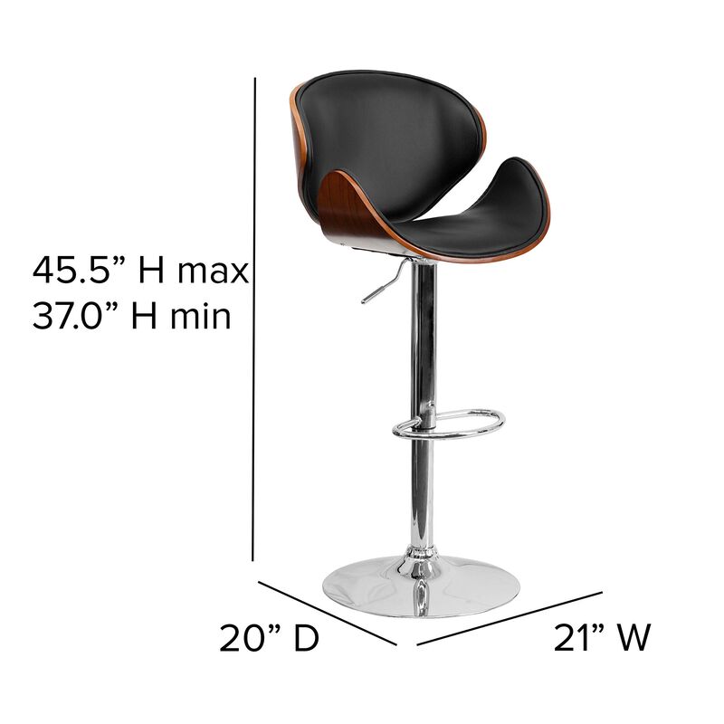Flash Furniture Farley Walnut Bentwood Adjustable Height Barstool with Curved Back and Black Vinyl Seat