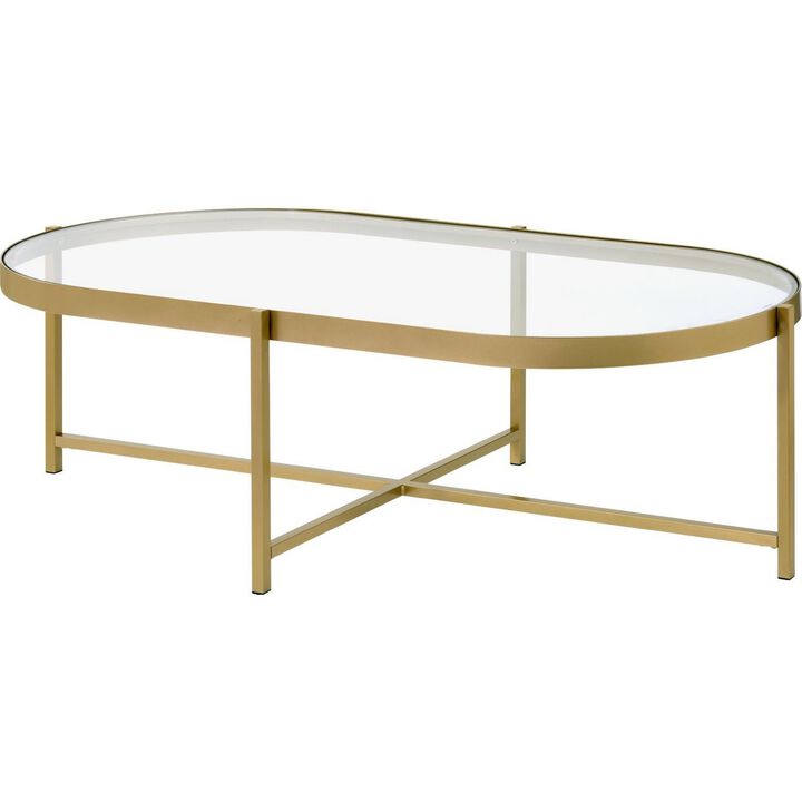 Coffee Table with Oblong Glass Top and Metal Frame, Gold