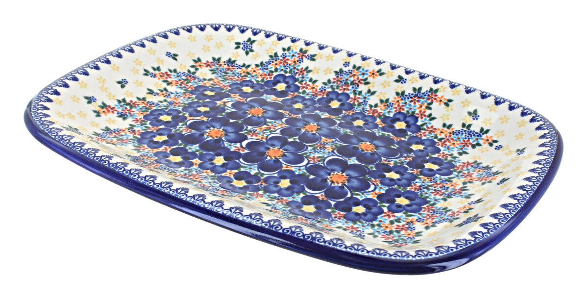 Blue Rose Polish Pottery Garden Tulip Large Rectangular Serving Platter