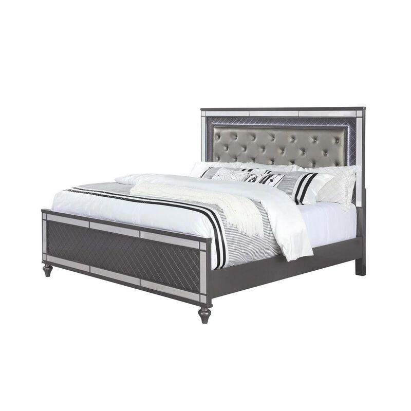 Benjara Reff Queen Size Bed, Button Tufted Fabric Upholstery, Modern Wood, Gray and Silver