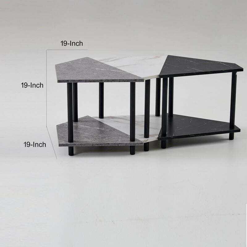 Shy 3 Piece Coffee Table Set, 2 Tier Geometric Shelves, Black, Gray, White - Benzara