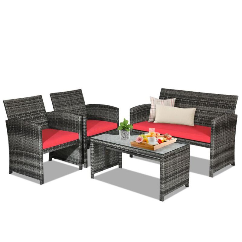 Hivvago 4 Pieces Patio Rattan Furniture Set with Glass Table and Loveseat