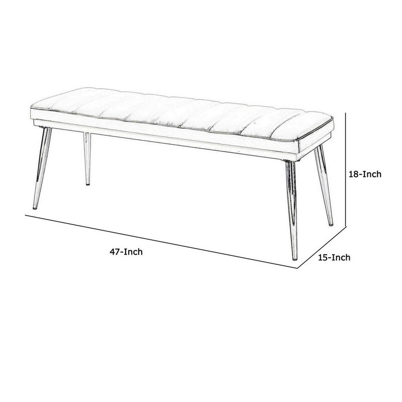 Metal and Faux Leather Bench with Vertical Chanel Tufts, White and Chrome-Benzara