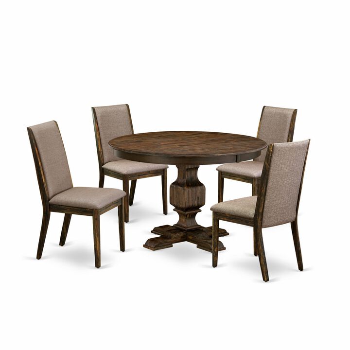 East West Furniture F3LA5-716 5Pc Dining Room Set - Round Table and 4 Parson Chairs - Distressed Jacobean Color