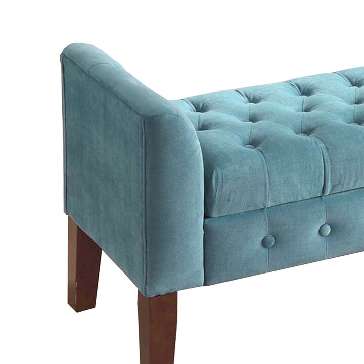 Velvet Upholstered Button Tufted Wooden Bench Settee With Hinged Storage, Teal Blue and Brown - Benzara