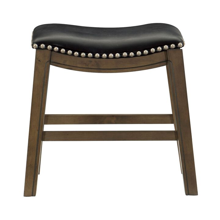 Miel 20 Inch Dining Stool, Black Faux Leather and Brown Solid Wood - Benzara