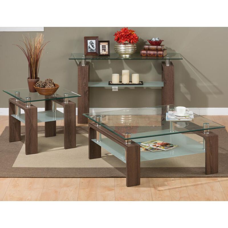 Jofran Compass Clear Modern Glass Square 38 Coffee Table, Brown Wood and Glass