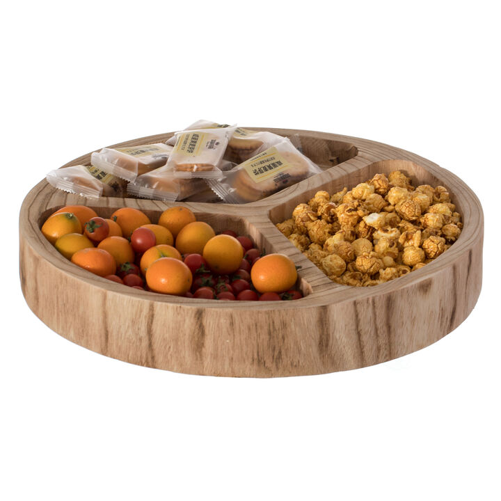 3 Sectional Round Snack Tray for Dining Table and Kitchen Decoration, Natural