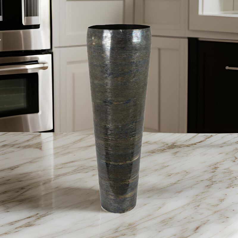 32 Inch Metal Vase, Tumbler Shape, Narrow Base, Multicolored Glossy Finish - Benzara