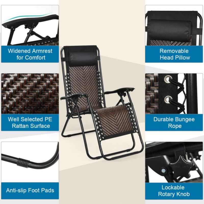 Hivvago 2 Pieces Folding Patio Rattan Zero Gravity Lounge Chair