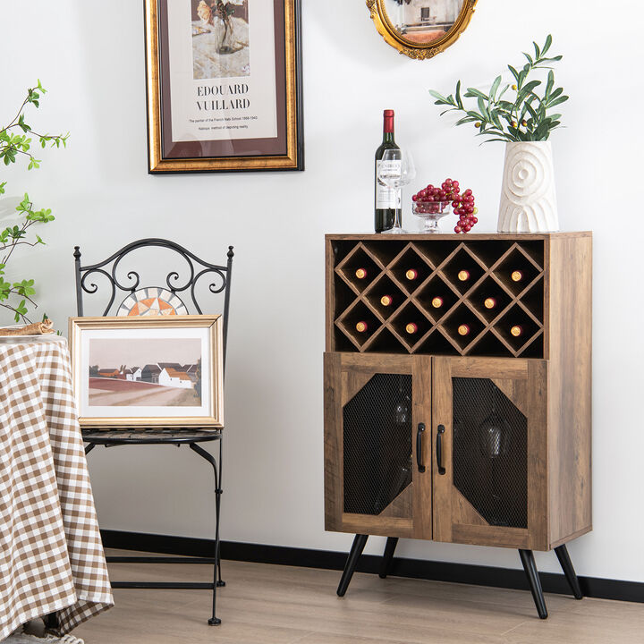 2-Door Farmhouse Kitchen Storage Bar Cabinet with Wine Rack and Glass Holder-Rustic Brown