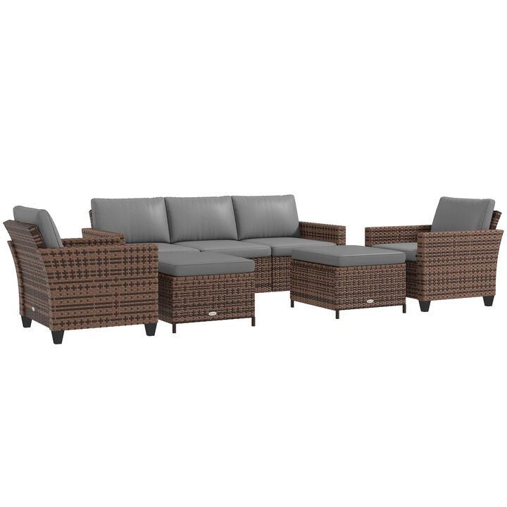 Outsunny 5 Piece Patio Furniture Set with Cushions, Outdoor Conversation Set with Rattan 3-Seater Sofa, Chairs & Footstools for Backyard, Lawn and Pool, Mixed Brown