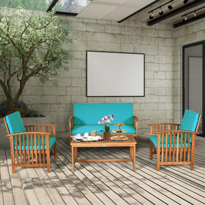 Hivvago 4 Pieces Patio Solid Wood Furniture Set with Water Resistant Cushions