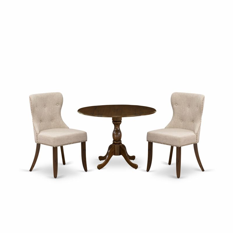 East West Furniture East West Furniture DMSI3-AWA-04 3 Piece Dining Table Set Includes 1 Drop Leaves Wooden Table and 2 Light Tan Linen Fabric Dinning Chairs Button Tufted Back white Nail Heads - Acacia Walnut Finish