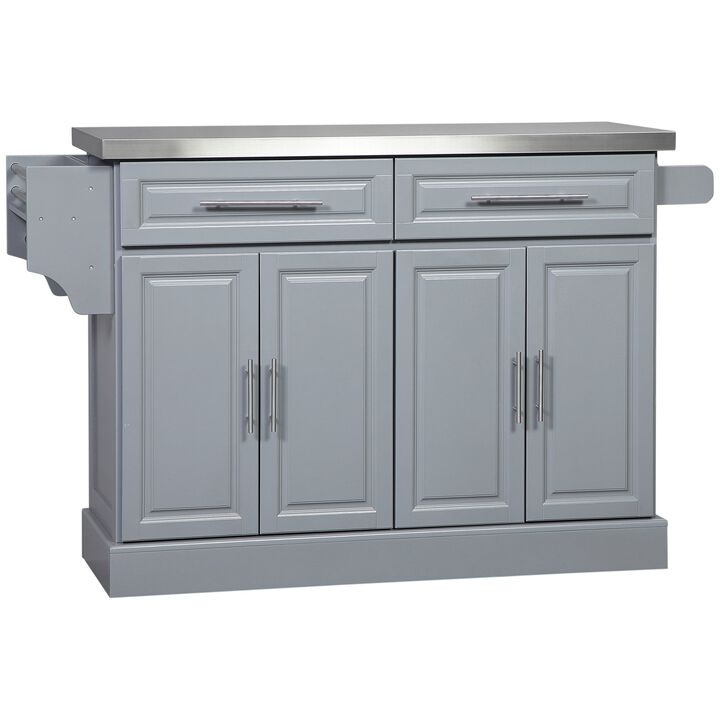 Grey Rolling Kitchen Island with Storage, Portable Kitchen Cart with Stainless Steel Top, 2 Drawers, Spice, Knife and Towel Rack