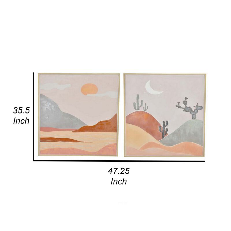 36 x 47 Decorative Framed Wall Art Print Set of 2, Day and Night, Brown - Benzara