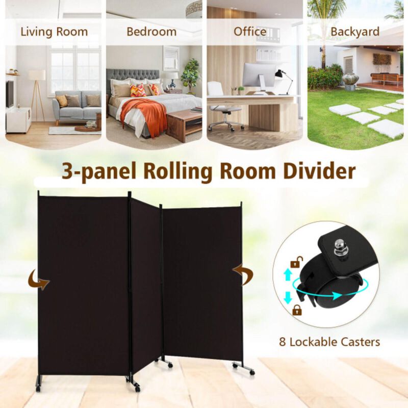 Hivvago 3 Panel Folding Room Divider with Lockable Wheels