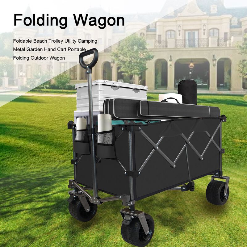 Collapsible Folding Wagon, Push Pull Foldable Beach Wagon Cart,Garden Cart-Grayish Brown