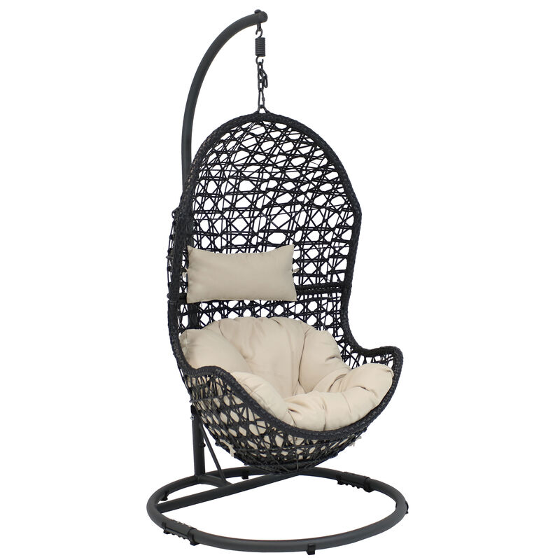 Sunnydaze Resin Wicker Basket Egg Chair with Steel Stand/Cushions