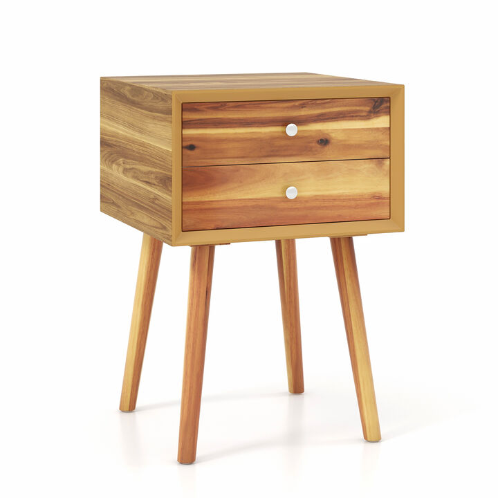 Wooden Nightstand Mid-Century End Side Table with 2 Storage Drawers