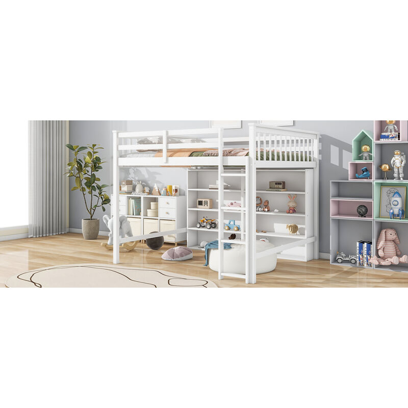 Full Size Loft Bed with 8 Open Storage Shelves and Builtin Ladder, White