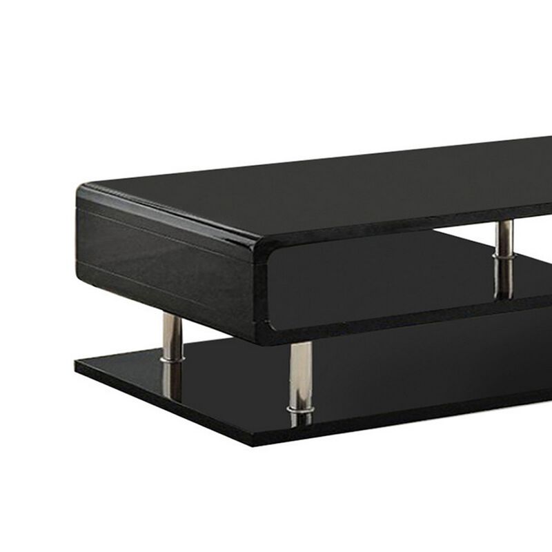 Wooden Coffee Table with Curling Shelf and Metal Poles, Black-Benzara