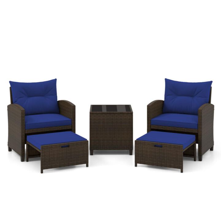 Hivvago 5 Pieces Patio Rattan Furniture with 2 Ottomans and Tempered Glass Coffee Table