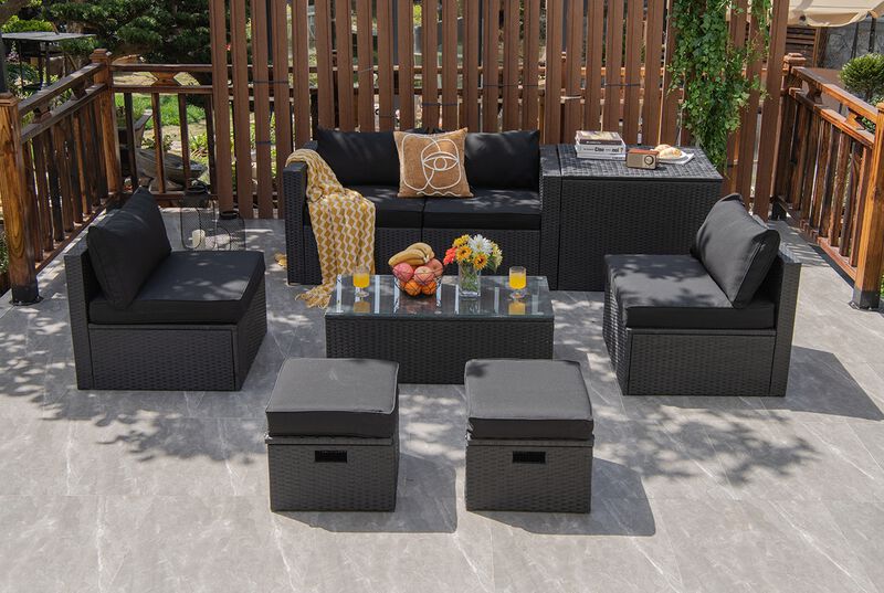 8 Pieces Patio Rattan Storage Table Furniture Set