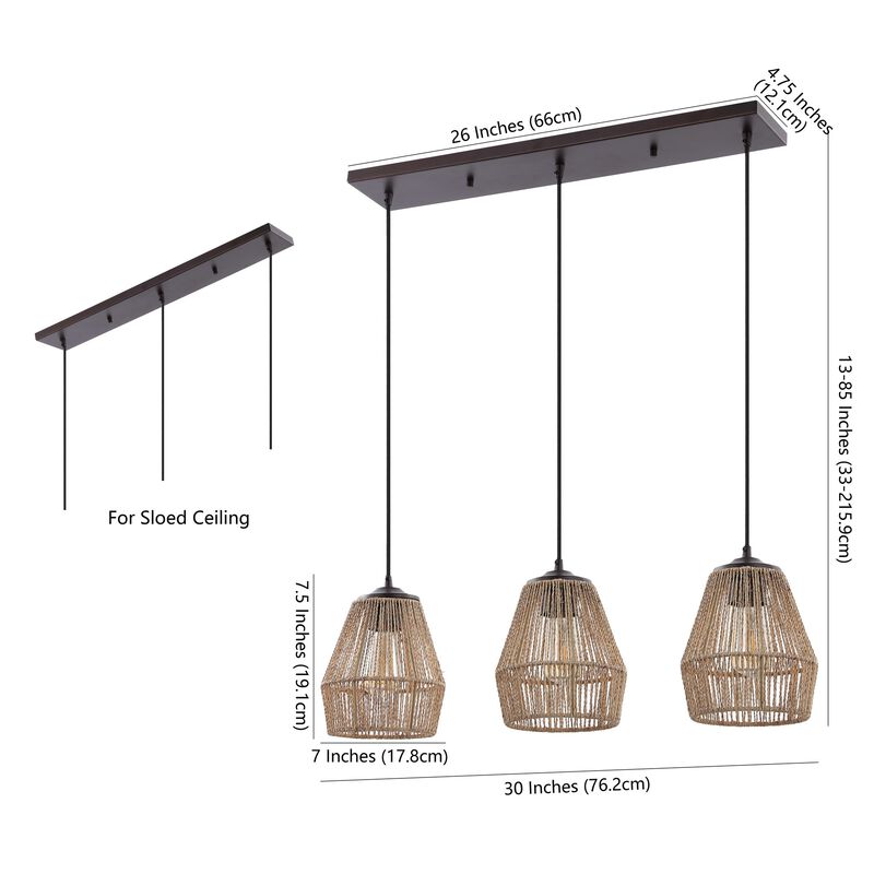 Ibiza Island 30" 3-Light Woven Rope/Metal Bohemian Coastal LED Linear Pendant, Oil Rubbed Bronze/Natural