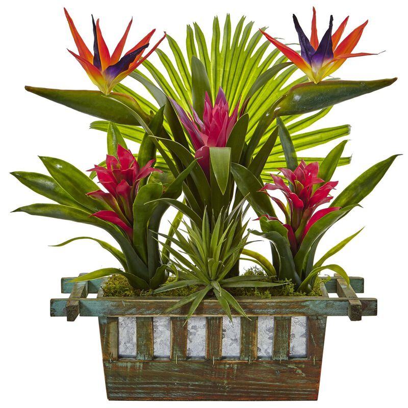 Nearly Natural 19-in Birds of Paradise and Bromeliad in Planter