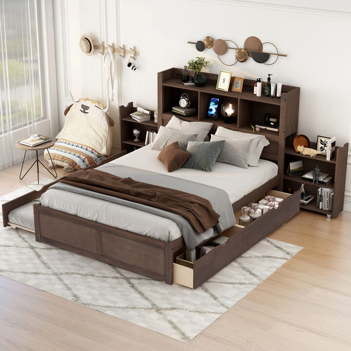 Whisen Full Size Storage Platform Bed with Pull Out Shelves, Twin Size Trundle and 2 Drawers