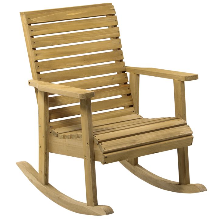 Light Brown Wooden Outdoor Rocking Chairs: Patio Traditional Rocking Chair, Slatted Structure Porch Rocker with Armrest for Both Outdoor and Indoor