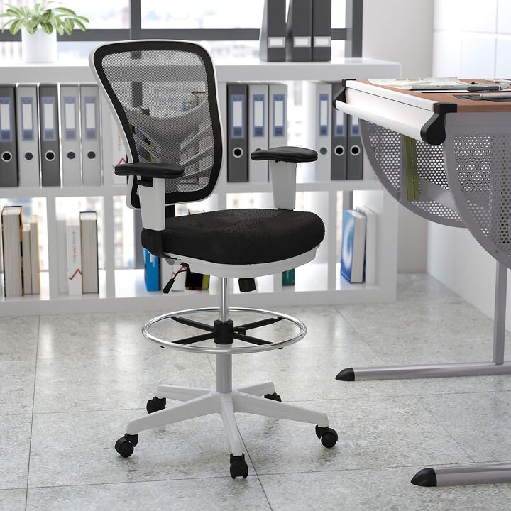 Flash Furniture Tyler Mid-Back Black Mesh Ergonomic Drafting Chair with Adjustable Chrome Foot Ring, Adjustable Arms and White Frame