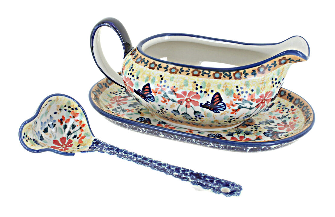 Blue Rose Polish Pottery Sage Floral Gravy Boat & Ladle