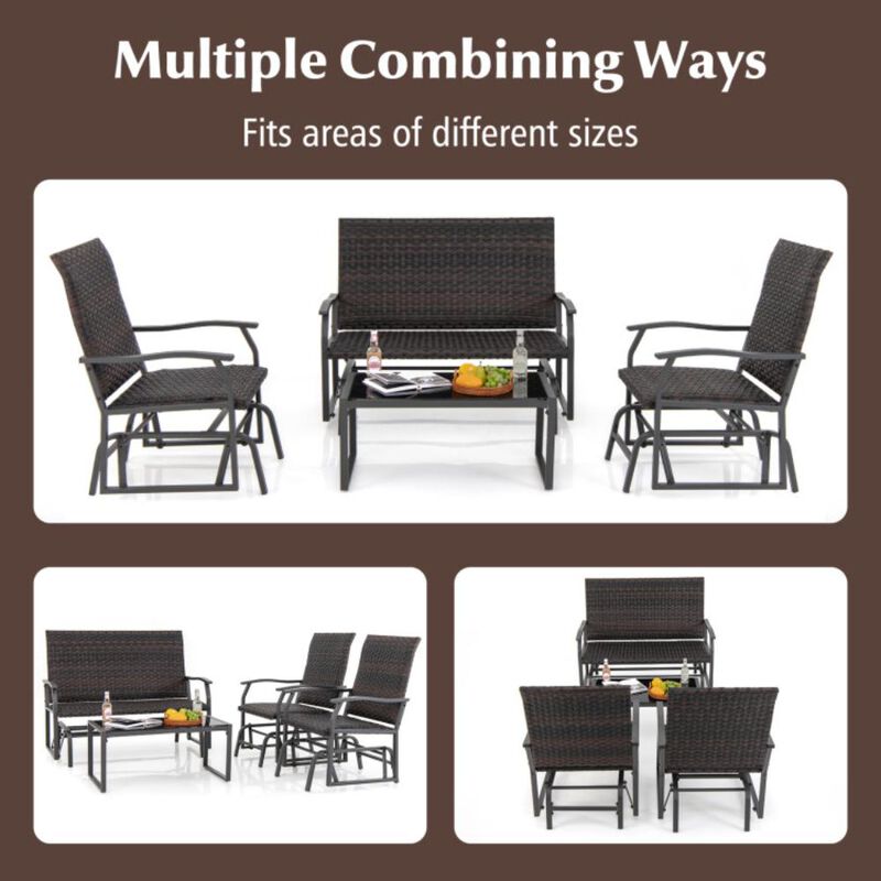 Hivvago 4 Piece Patio Gliding Set Wicker Swing Glider Furniture Set All Weather with Tempered Glass Coffee Table