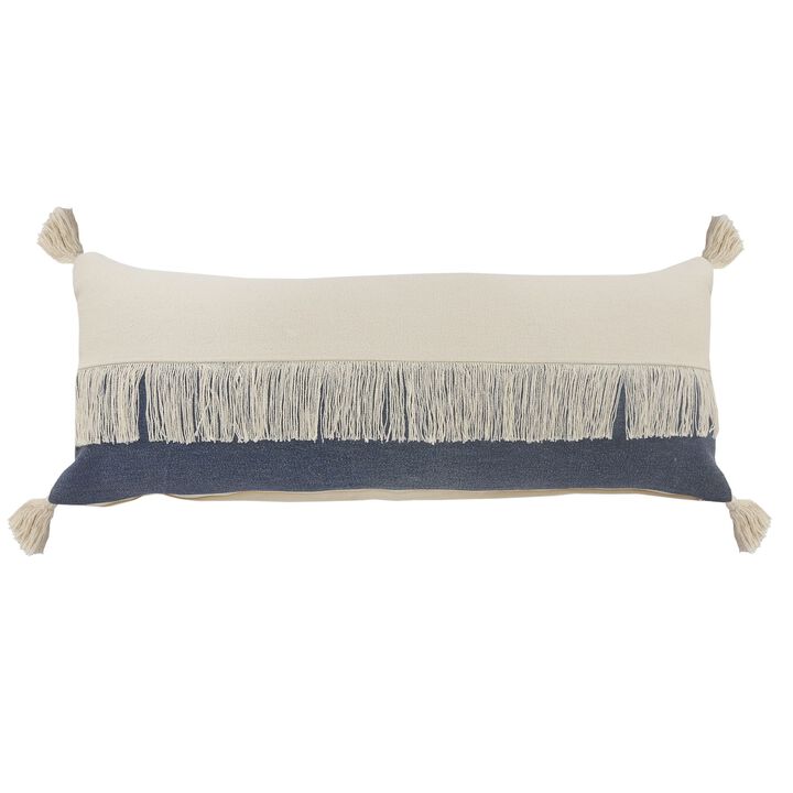 36" Blue and White Fringe Color Block Lumbar Throw Pillow