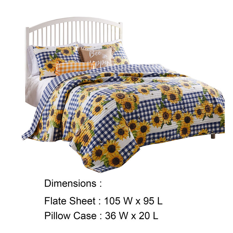 3 Piece King Quilt Set with Sunflower Print, Yellow - Benzara